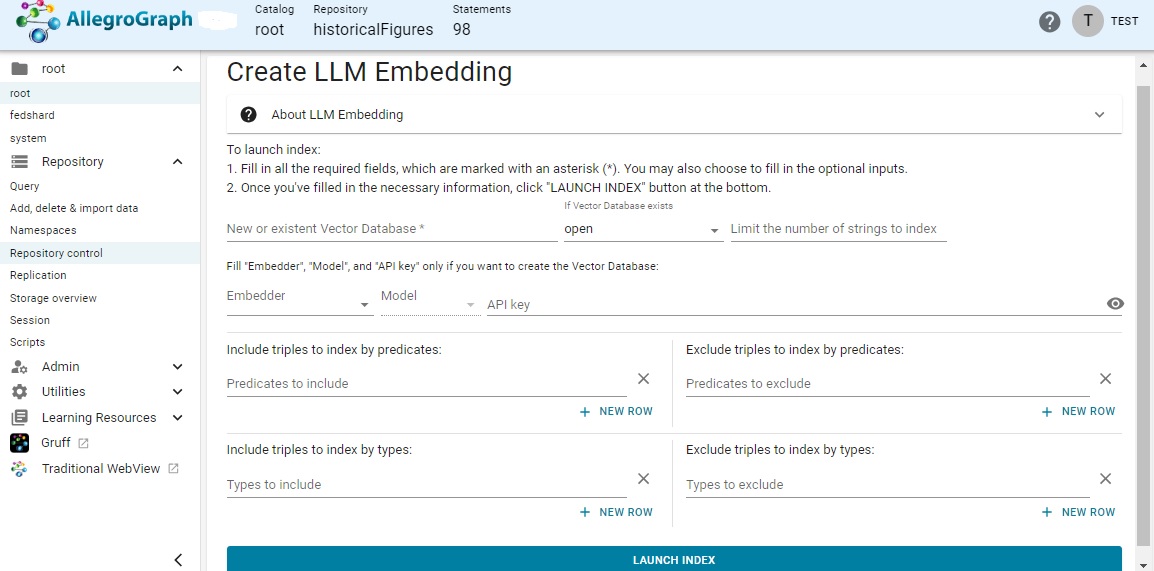 Create LLM Embedding dialog