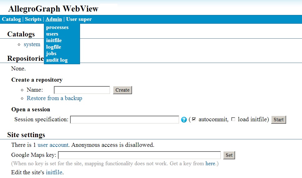 The Admin menu on the WebView menu bar
