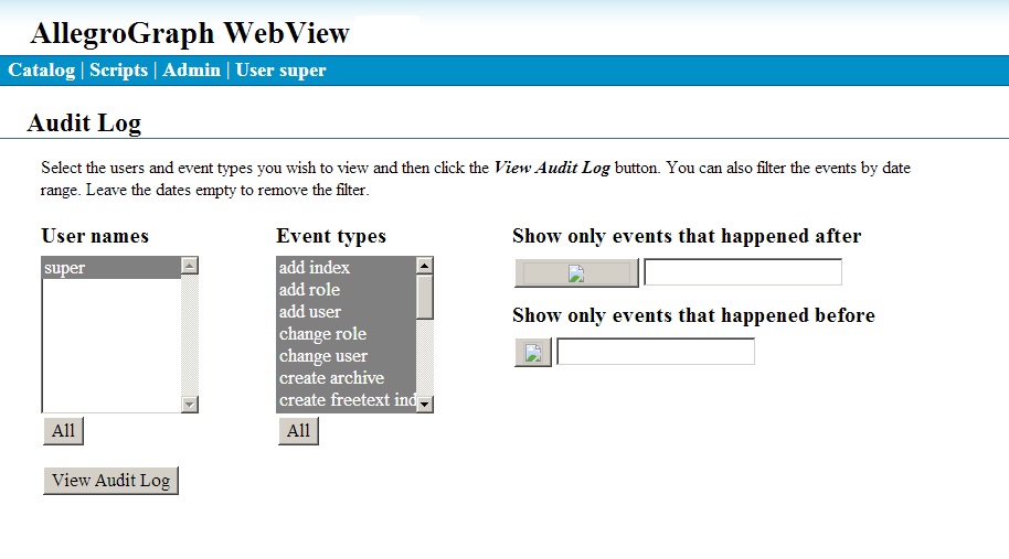 The Audit Log page in WebView