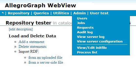 The Admin menu on the WebView menu bar