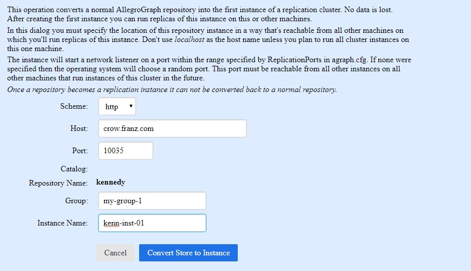 Dialog to convert an ordinary repository to a cluster instance