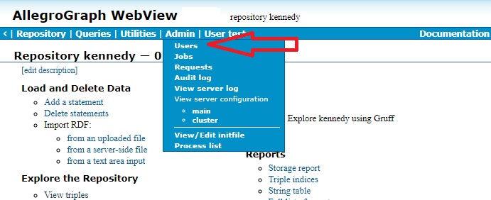 The Admin menu with Users indicated