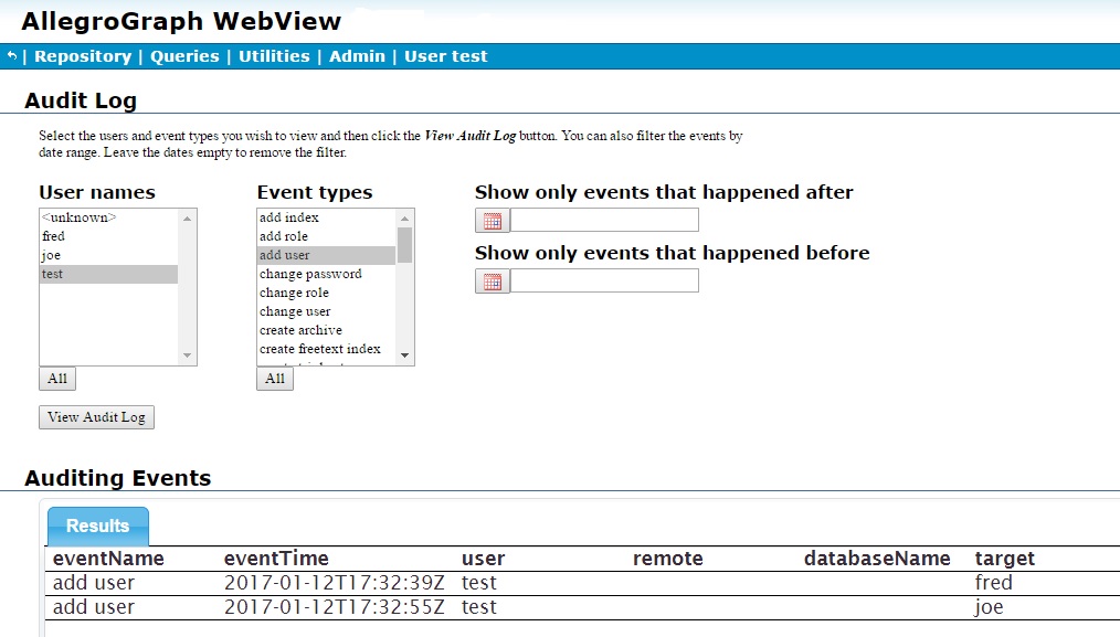 The Audit Log displaying add user events