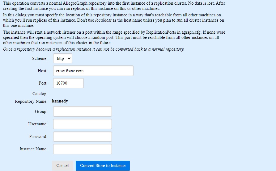 Dialog to convert an ordinary repository to a cluster instance