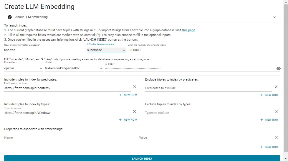 Create LLM Embedding dialog