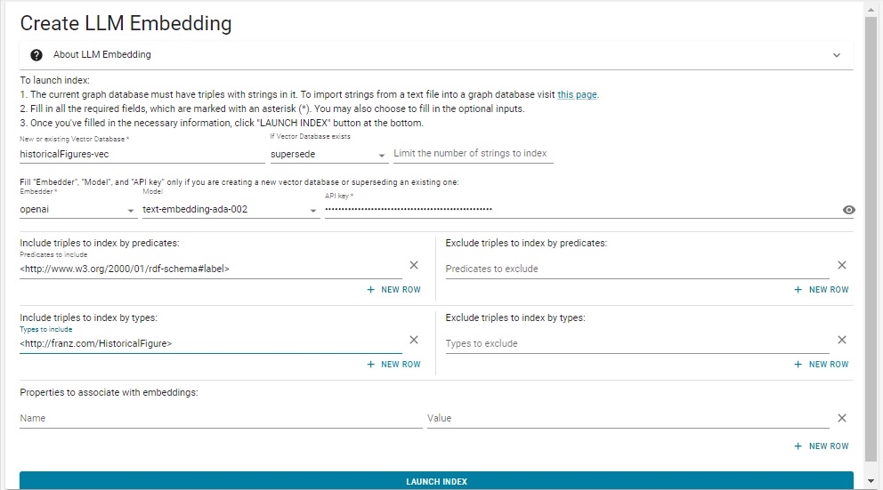 Create LLM Embed dialog