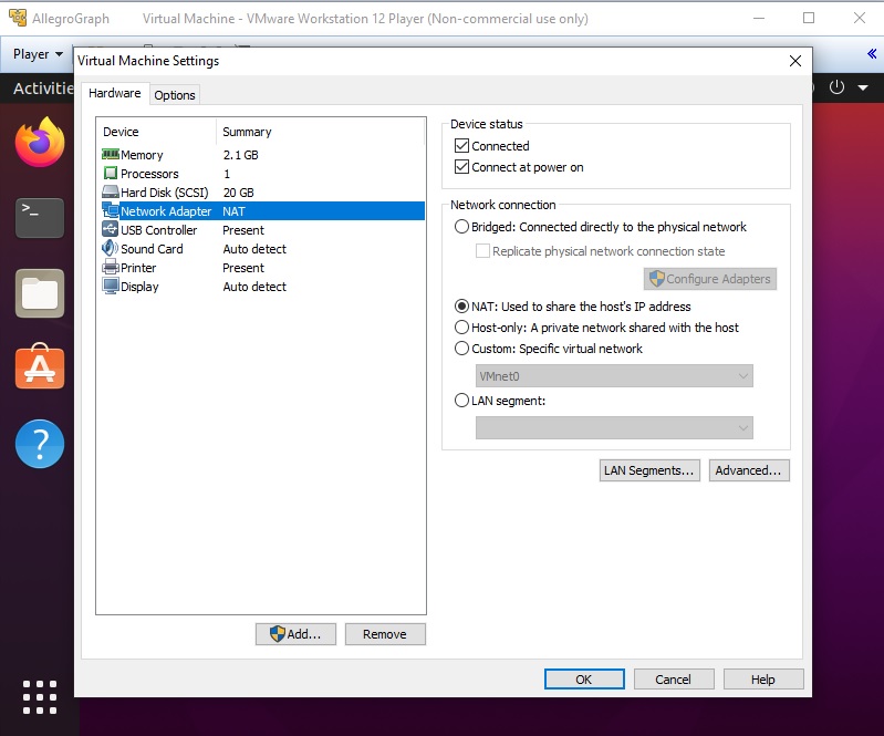 The VM Settings Dialog