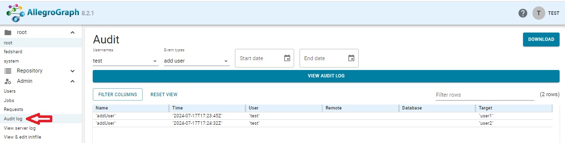 The Audit Log displaying add user events