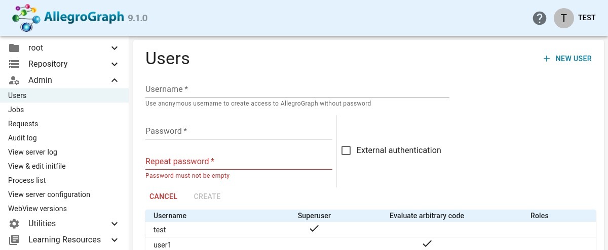 New user dialog
