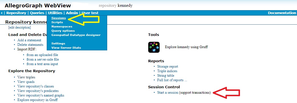 Utilities menu with Sessions and Sessions field